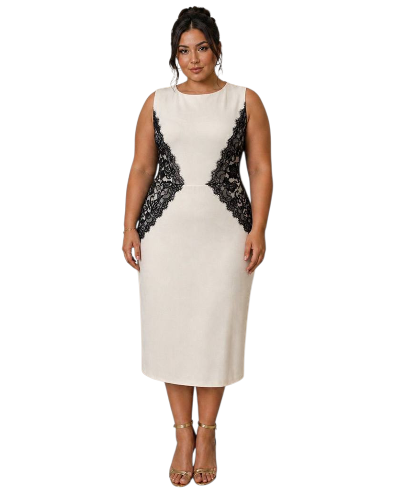 Rochie midi, Adriana, Croială Cambrată, cu aplicatii din dantela, Efect Modelator, plus size