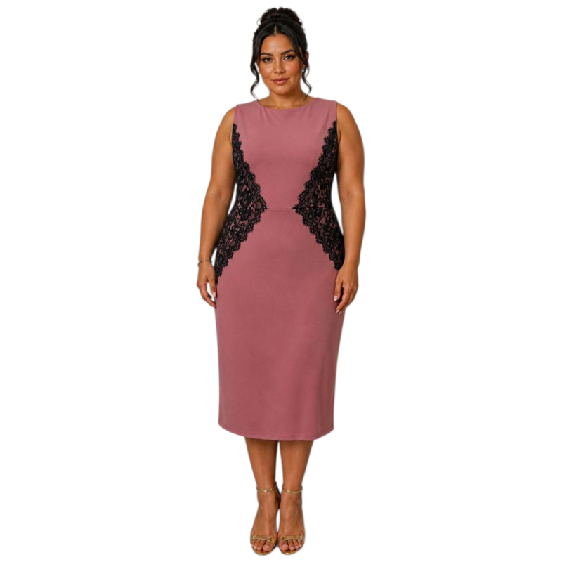 Rochie midi, Adriana, Croială Cambrată, cu aplicatii din dantela, Efect Modelator, plus size, culoare roz-prafuit