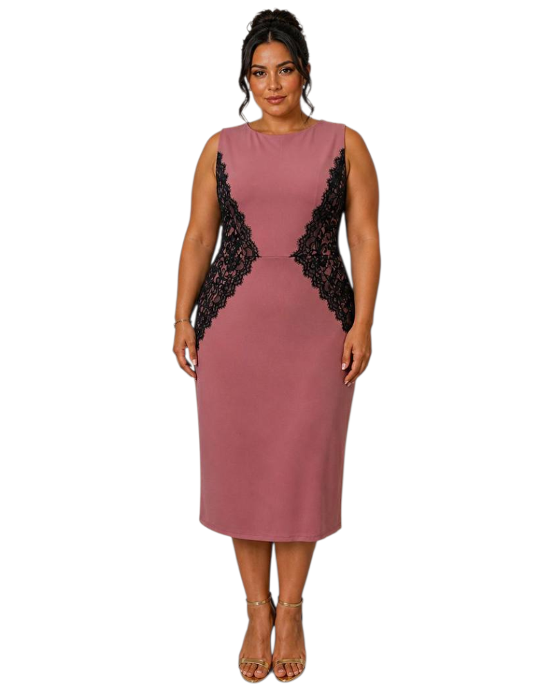 Rochie midi, Adriana, Croială Cambrată, cu aplicatii din dantela, Efect Modelator, plus size, culoare roz-prafuit