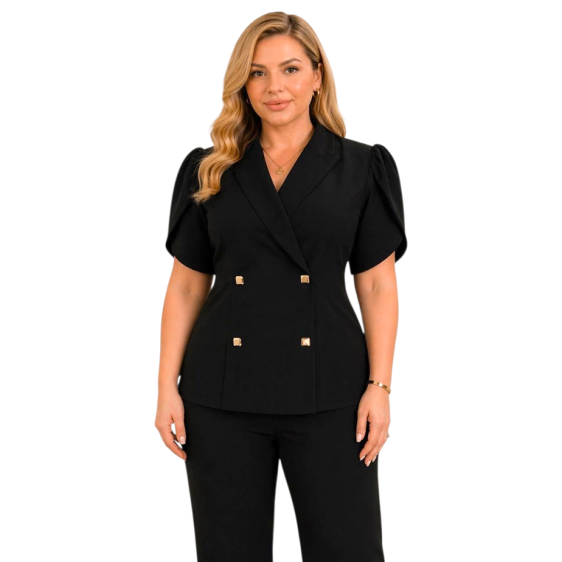 Compleu Office Julia – Sacou Petrecut cu Nasturi Aurii și Pantaloni Drepți