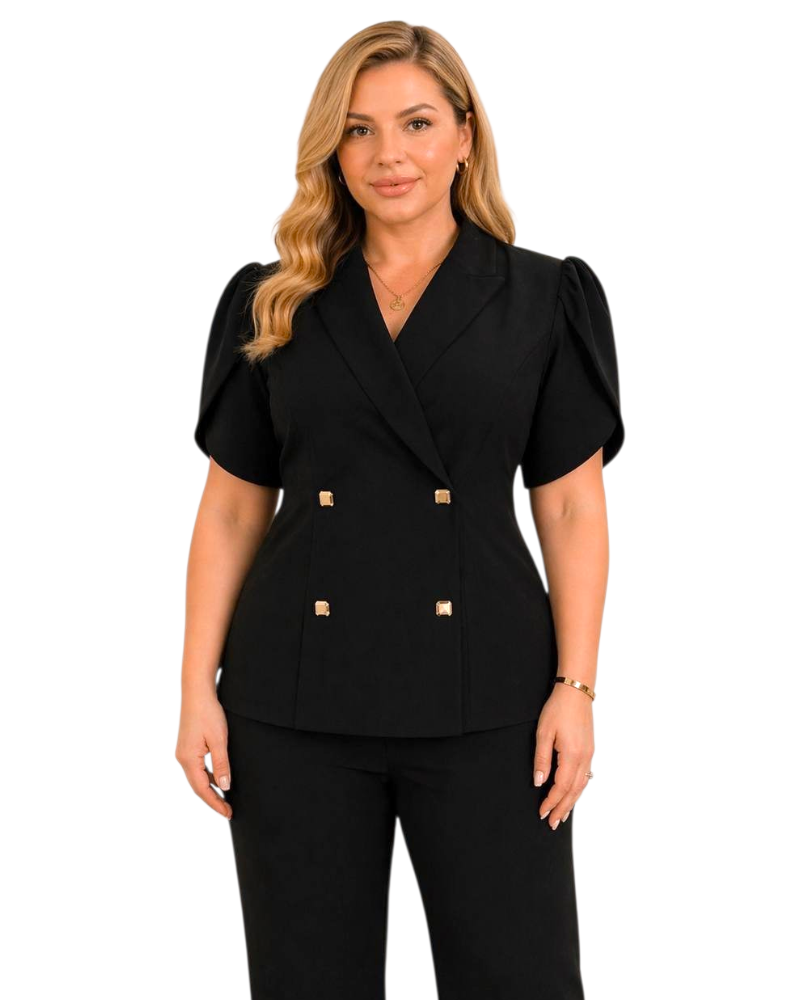 Compleu Office Julia – Sacou Petrecut cu Nasturi Aurii și Pantaloni Drepți