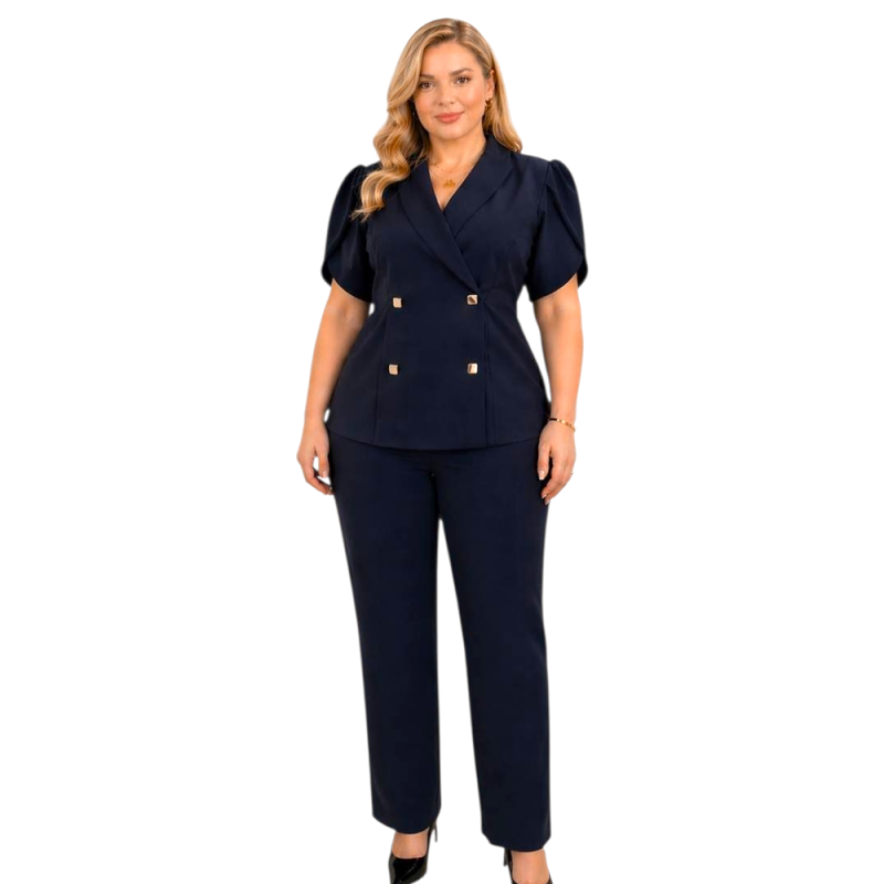 Compleu Office Julia – Sacou Petrecut cu Nasturi Aurii și Pantaloni Drepti, culoare bleumarin navy