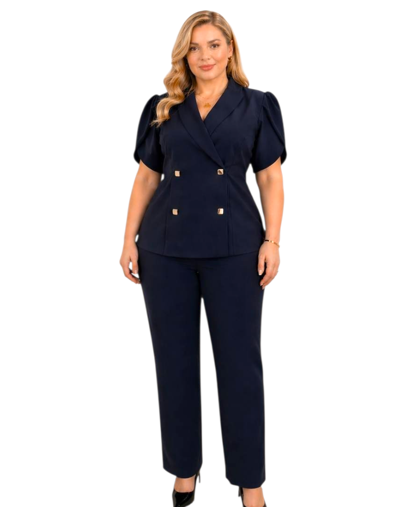 Compleu Office Julia – Sacou Petrecut cu Nasturi Aurii și Pantaloni Drepti, culoare bleumarin navy