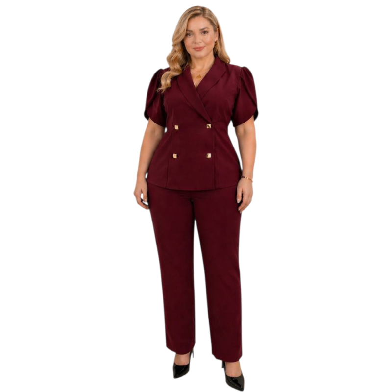 Compleu Office Julia – Sacou Petrecut cu Nasturi Aurii și Pantaloni Drepti, culoare bordo