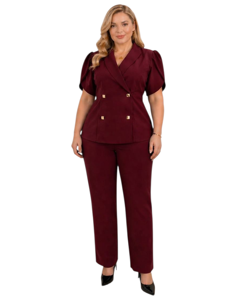 Compleu Office Julia – Sacou Petrecut cu Nasturi Aurii și Pantaloni Drepti, culoare bordo