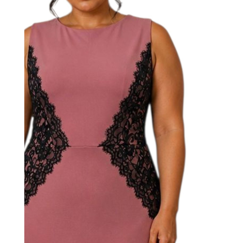 Rochie midi, Adriana, Croială Cambrată, cu aplicatii din dantela, Efect Modelator, plus size, culoare roz-prafuit