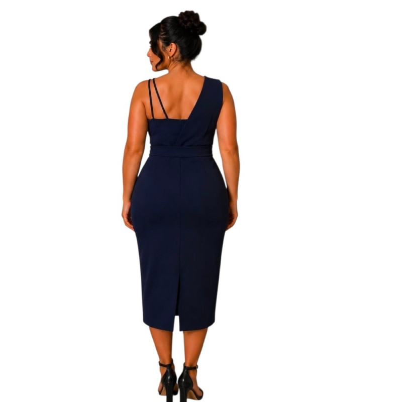 Rochie Eleganta Midi Cleopatra – Rafinament și Asimetrie Moderna, culoare bleumarin