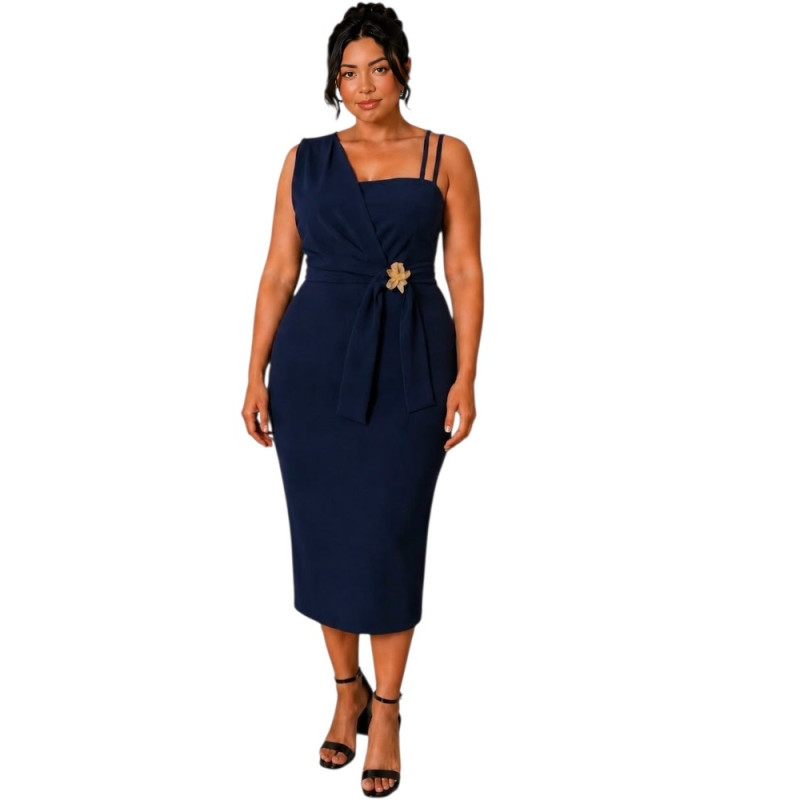 Rochie Eleganta Midi Cleopatra – Rafinament și Asimetrie Moderna, culoare bleumarin