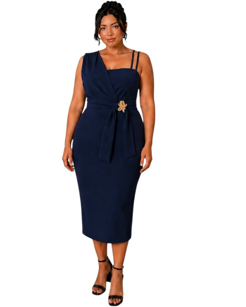 Rochie Eleganta Midi Cleopatra – Rafinament și Asimetrie Moderna, culoare bleumarin