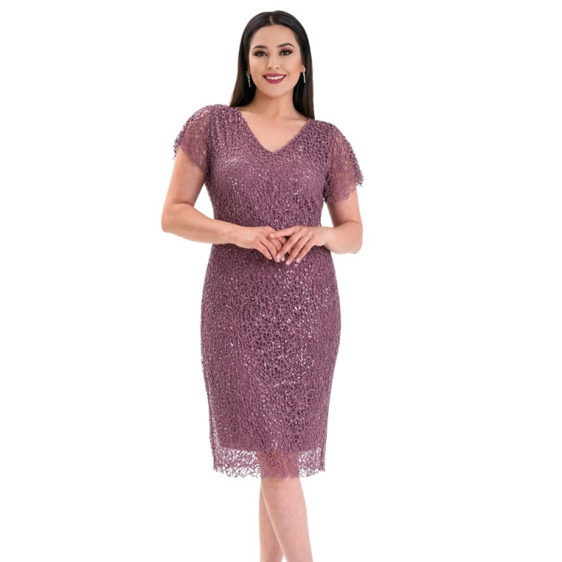 Rochie de ocazie, Tatiana, culoare Lila prafuit, din dantela accesorizata cu paiete