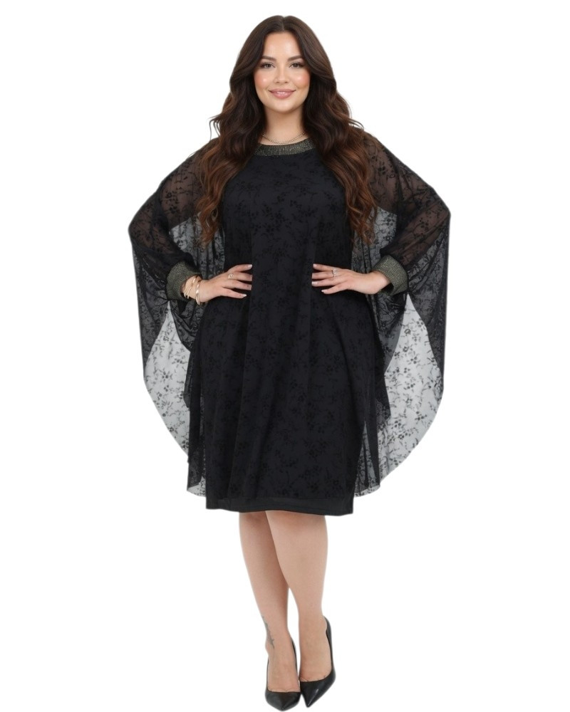 Rochie Elegantă, Sonia,  Neagră cu Capă din Voal Texturat