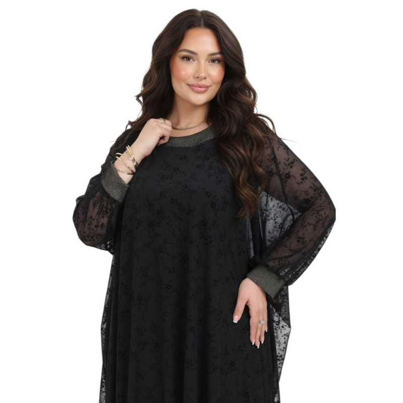 Rochie Elegantă, Sonia,  Neagră cu Capă din Voal Texturat