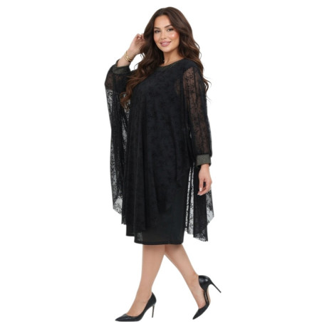 Rochie Elegantă, Sonia,  Neagră cu Capă din Voal Texturat