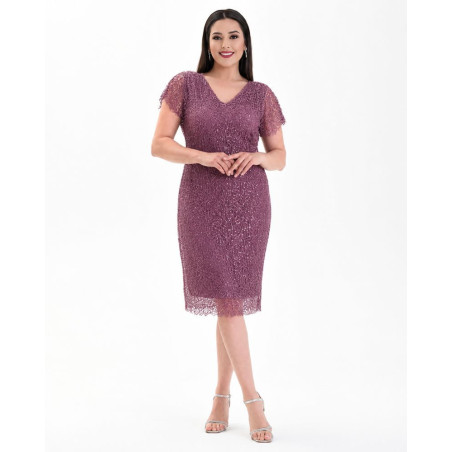 Rochie de ocazie, Tatiana, culoare Lila prafuit, din dantela accesorizata cu paiete