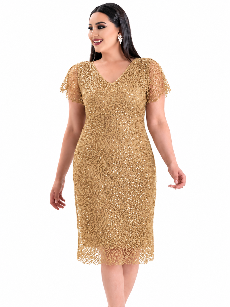 Rochie de ocazie, Tatiana, culoare auriu, din dantela accesorizata cu paiete