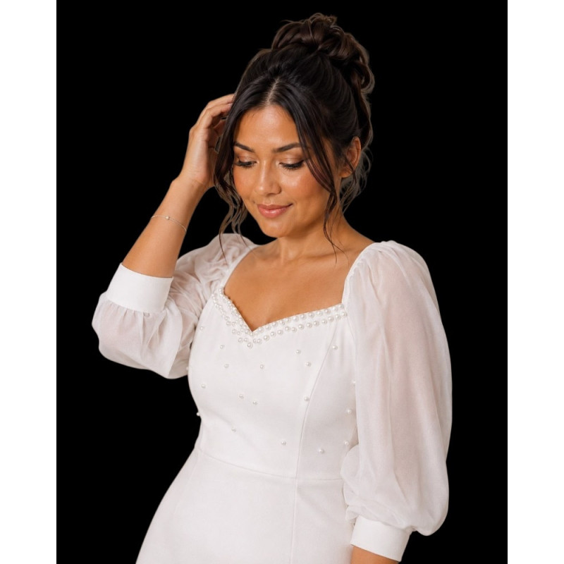 Rochie Eleganta, Ema, culoare Alba, cu Perle – Ideală pentru Cununia Civilă sau Evenimente Speciale
