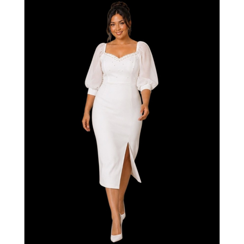 Rochie Eleganta, Ema, culoare Alba, cu Perle – Ideală pentru Cununia Civilă sau Evenimente Speciale