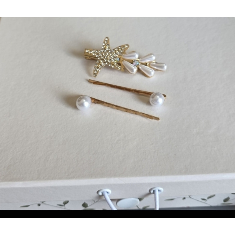 Set 3 Agrafe de Păr Elegante, cu Stea de Mare din Cristale și Perle Fine, Aurii