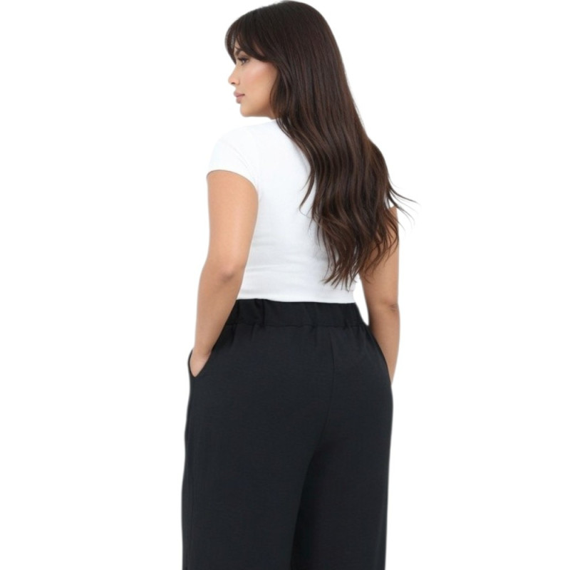 Pantaloni Negri cu Talie Înaltă și Textură Creponată