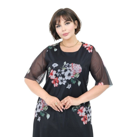 Rochie Anca, model1, Neagra de Zi / Ocazie cu Tull și Imprimeu Floral | tophaine.ro