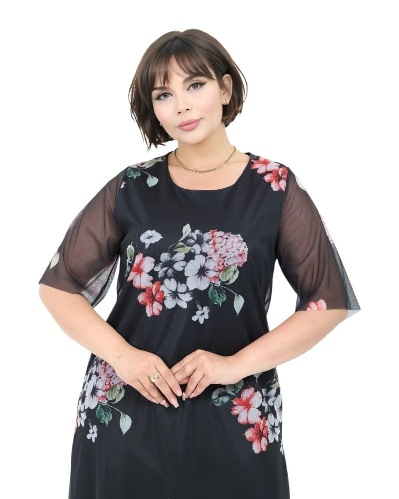 Rochie Anca, model1, Neagra de Zi / Ocazie cu Tull și Imprimeu Floral | tophaine.ro