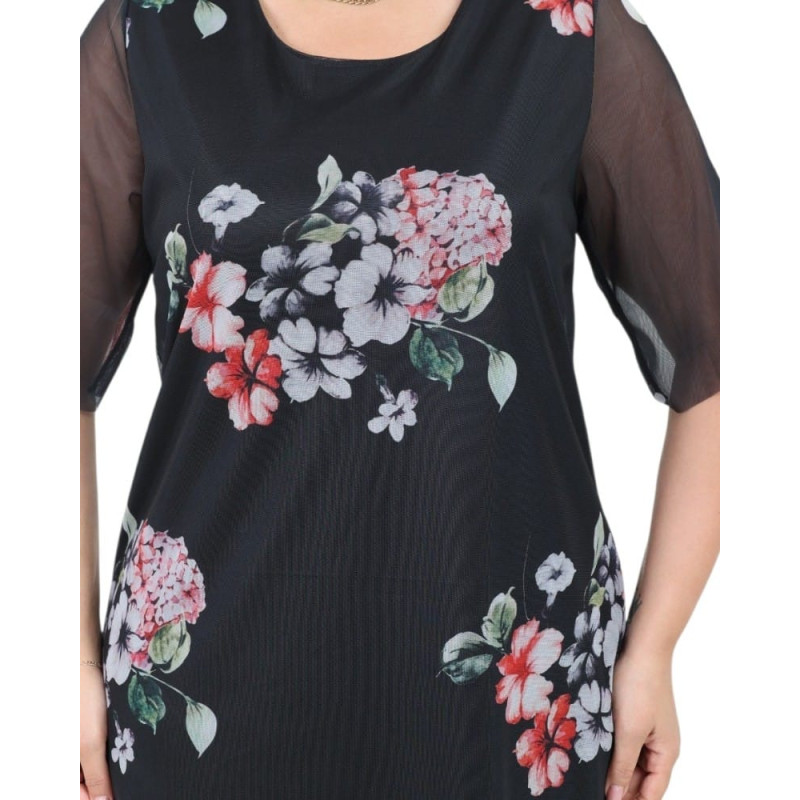 Rochie Anca, model1, Neagra de Zi / Ocazie cu Tull și Imprimeu Floral | tophaine.ro