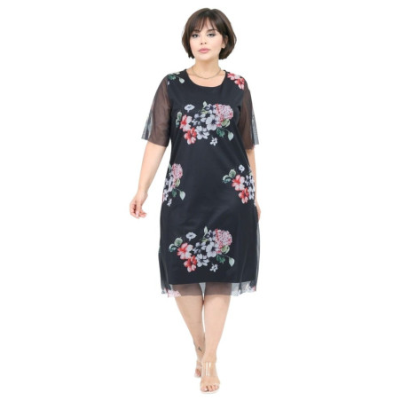Rochie Anca, model1, Neagra de Zi / Ocazie cu Tull și Imprimeu Floral | tophaine.ro