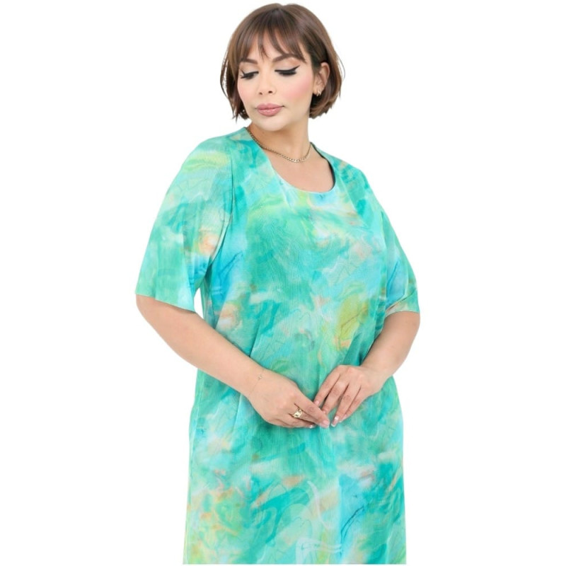 Rochie Anca, Turcoaz , de Zi, cu Tull și Imprimeu Abstract Acvatic | tophaine.ro
