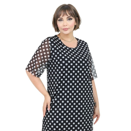 Rochie Anca Elegantă Neagră cu Buline Albe și Strat de Tull Fluid – Stil Retro-Chic