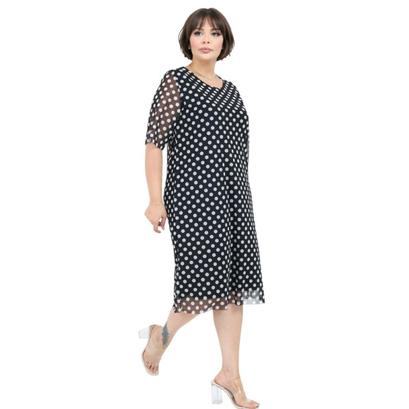 Rochie Anca Elegantă Neagră cu Buline Albe și Strat de Tull Fluid – Stil Retro-Chic