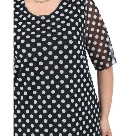Rochie Anca Elegantă Neagră cu Buline Albe și Strat de Tull Fluid – Stil Retro-Chic