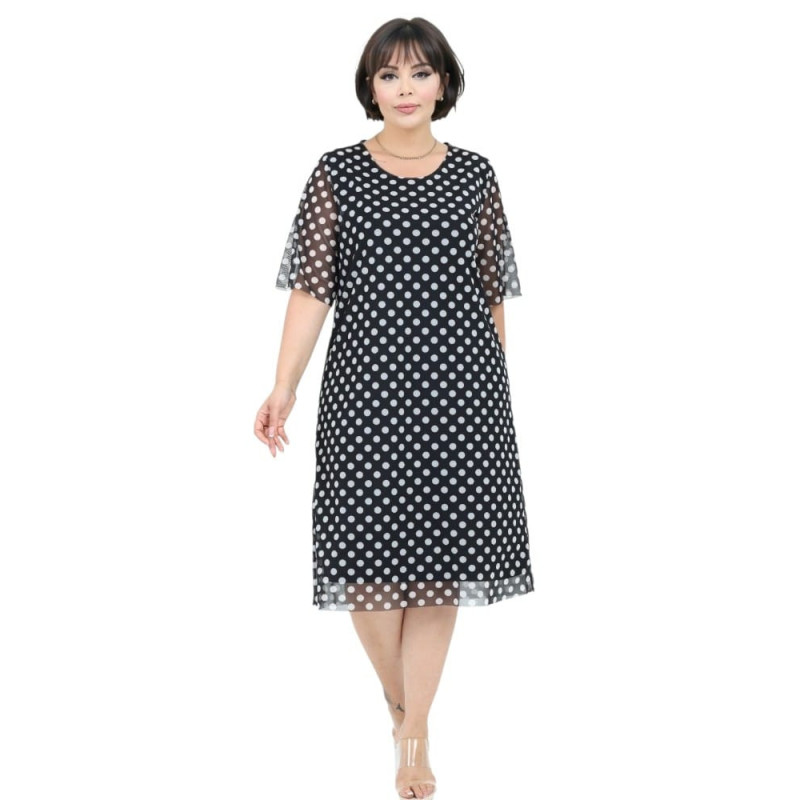 Rochie Anca Elegantă Neagră cu Buline Albe și Strat de Tull Fluid – Stil Retro-Chic