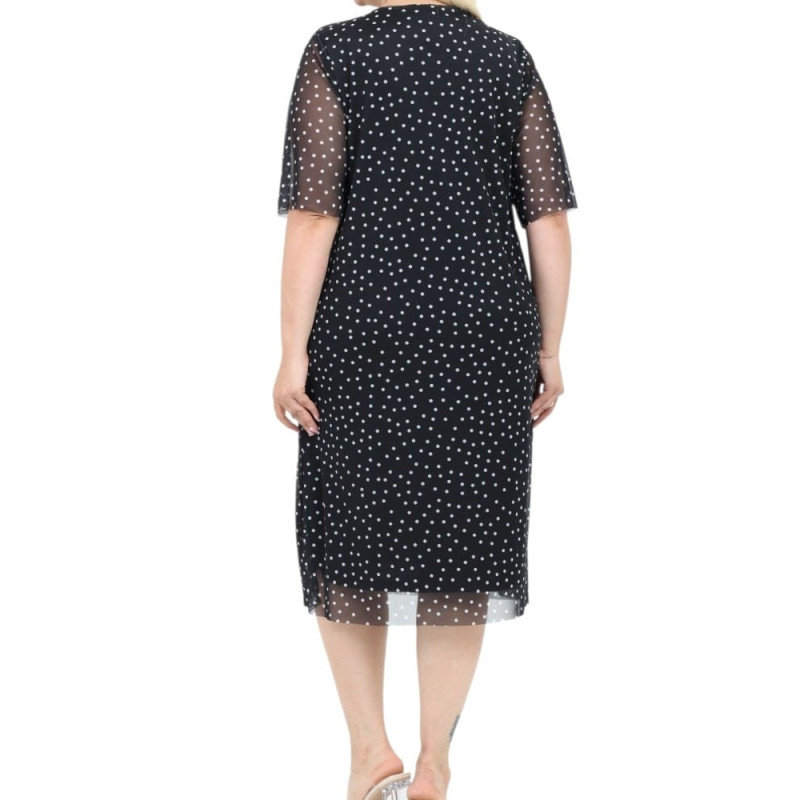 Rochie Anca, neagră cu buline albe și tull fluid, model retro-chic, lejer și elegant