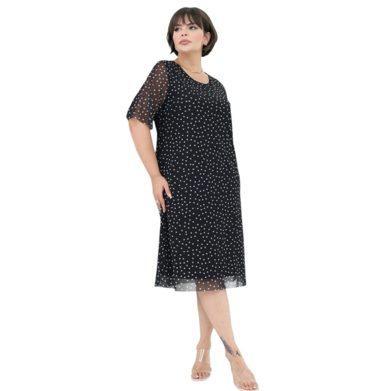 Rochie Anca, neagră cu buline albe și tull fluid, model retro-chic, lejer și elegant