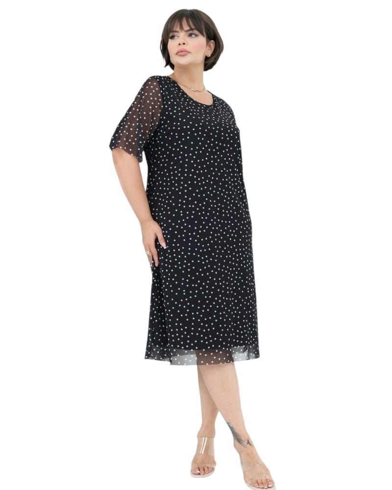 Rochie Anca, neagră cu buline albe și tull fluid, model retro-chic, lejer și elegant