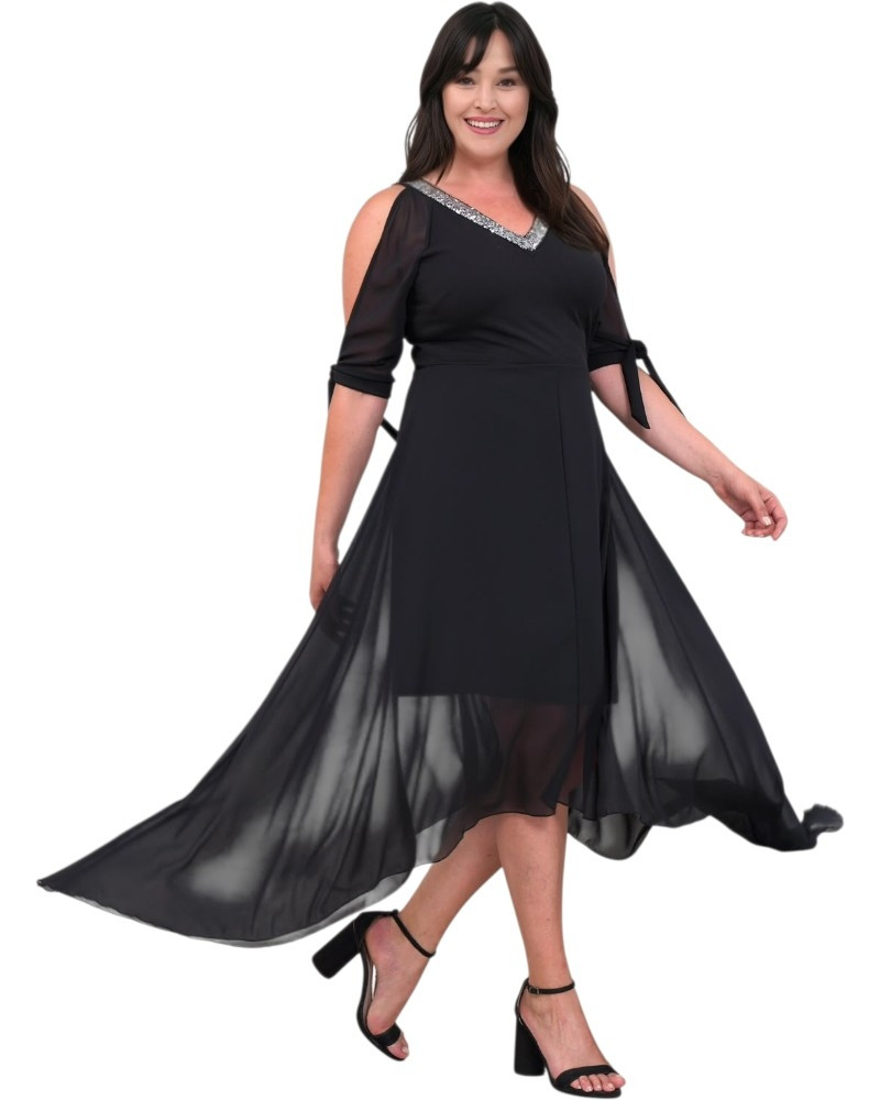 Rochie Azaleea, Neagra, de Ocazie, Asimetrica, cu perle la Decolteu