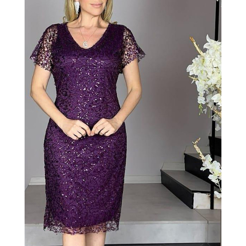Rochie de ocazie, Tatiana, culoare mov, din dantela accesorizata cu paiete