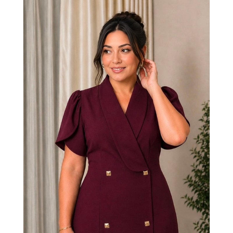 Rochie Julia, Bordo, Tip Sacou, cu Nasturi dubli si Mâneci Lalea – Eleganță Desăvârșita