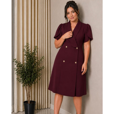 Rochie Julia, Bordo, Tip Sacou, cu Nasturi dubli si Mâneci Lalea – Eleganță Desăvârșita
