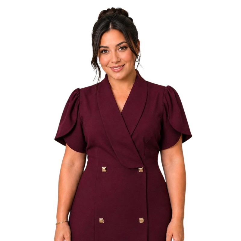 Rochie Julia, Bordo, Tip Sacou, cu Nasturi dubli si Mâneci Lalea – Eleganță Desăvârșita