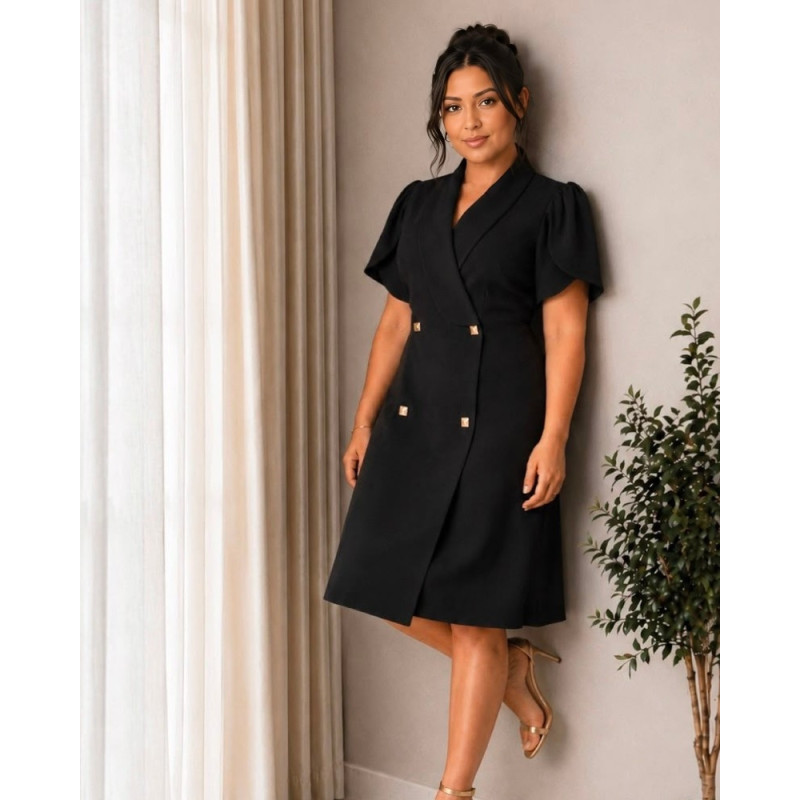 Rochie Julia , Neagra, Tip Sacou cu Nasturi dubli si Mâneci Lalea – Eleganță Desăvârșită