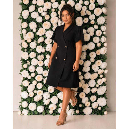 Rochie Julia , Neagra, Tip Sacou cu Nasturi dubli si Mâneci Lalea – Eleganță Desăvârșită