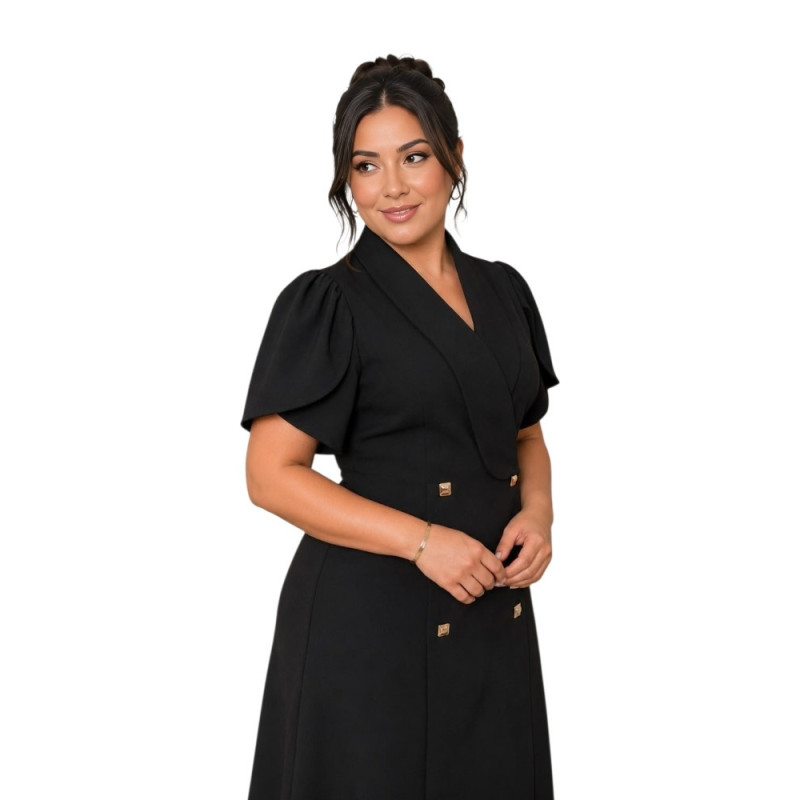 Rochie Julia , Neagra, Tip Sacou cu Nasturi dubli si Mâneci Lalea – Eleganță Desăvârșită