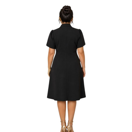 Rochie Julia , Neagra, Tip Sacou cu Nasturi dubli si Mâneci Lalea – Eleganță Desăvârșită