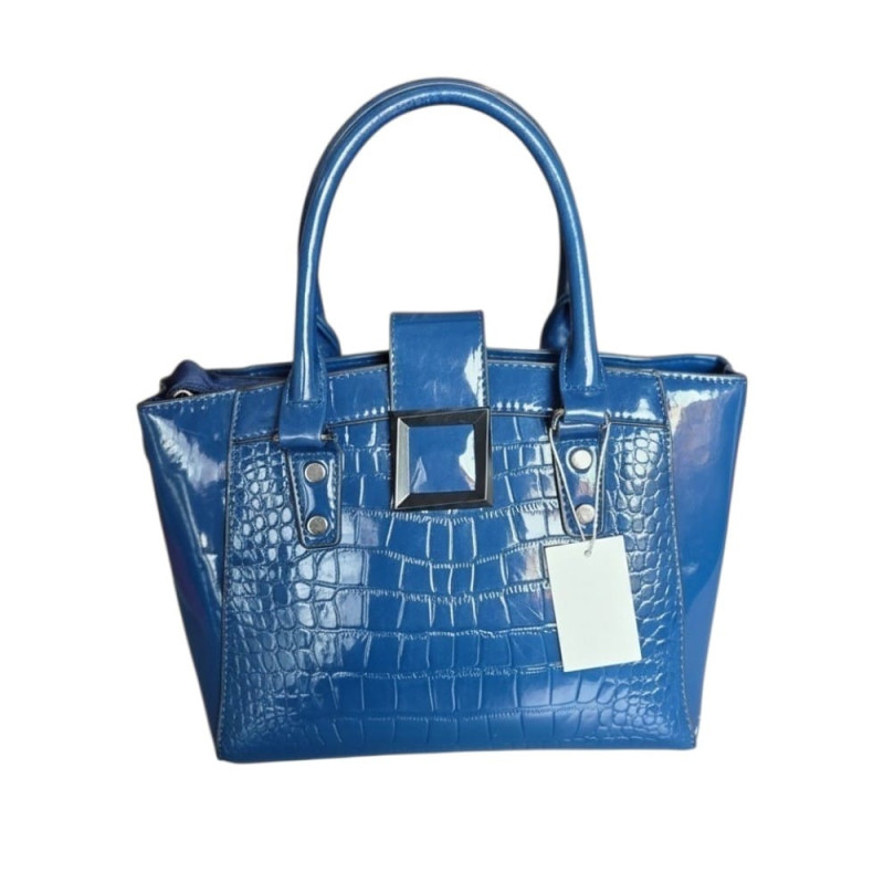 Geantă elegantă din piele ecologică bleu cu efect de piele de crocodil