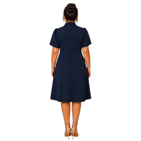 Rochie Julia, Bleumarin, Tip Sacou, cu Nasturi dubli si Mâneci Lalea – Eleganță Desăvârșita