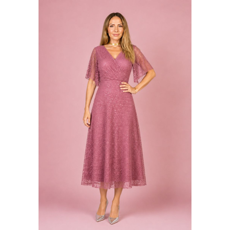 Rochie Elegantă, Roxana, Midi din Dantela Stralucitoare cu Sclipici și Decolteu Petrecut