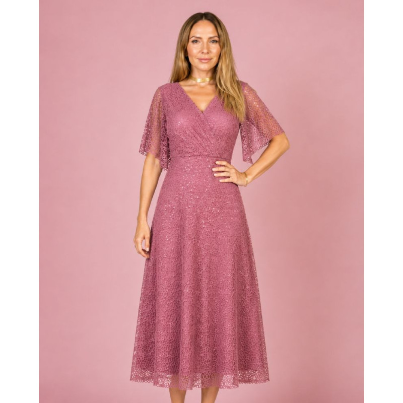 Rochie Elegantă, Roxana, Midi din Dantela Stralucitoare cu Sclipici și Decolteu Petrecut