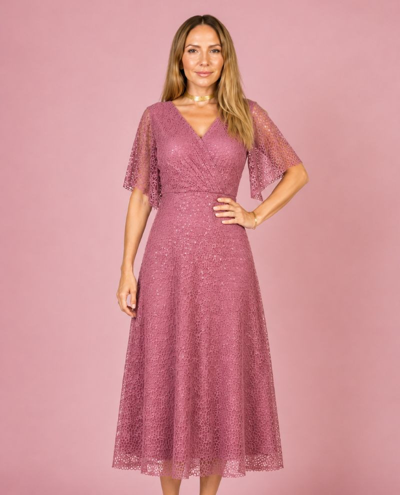 Rochie Elegantă, Roxana, Midi din Dantela Stralucitoare cu Sclipici și Decolteu Petrecut