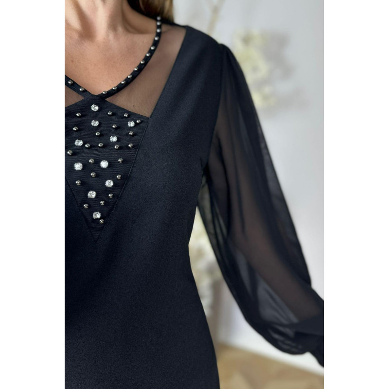 Rochie elegantă neagră tip conic cu mâneci din tull și aplicații%separator%%shop-name%%separator%%category%